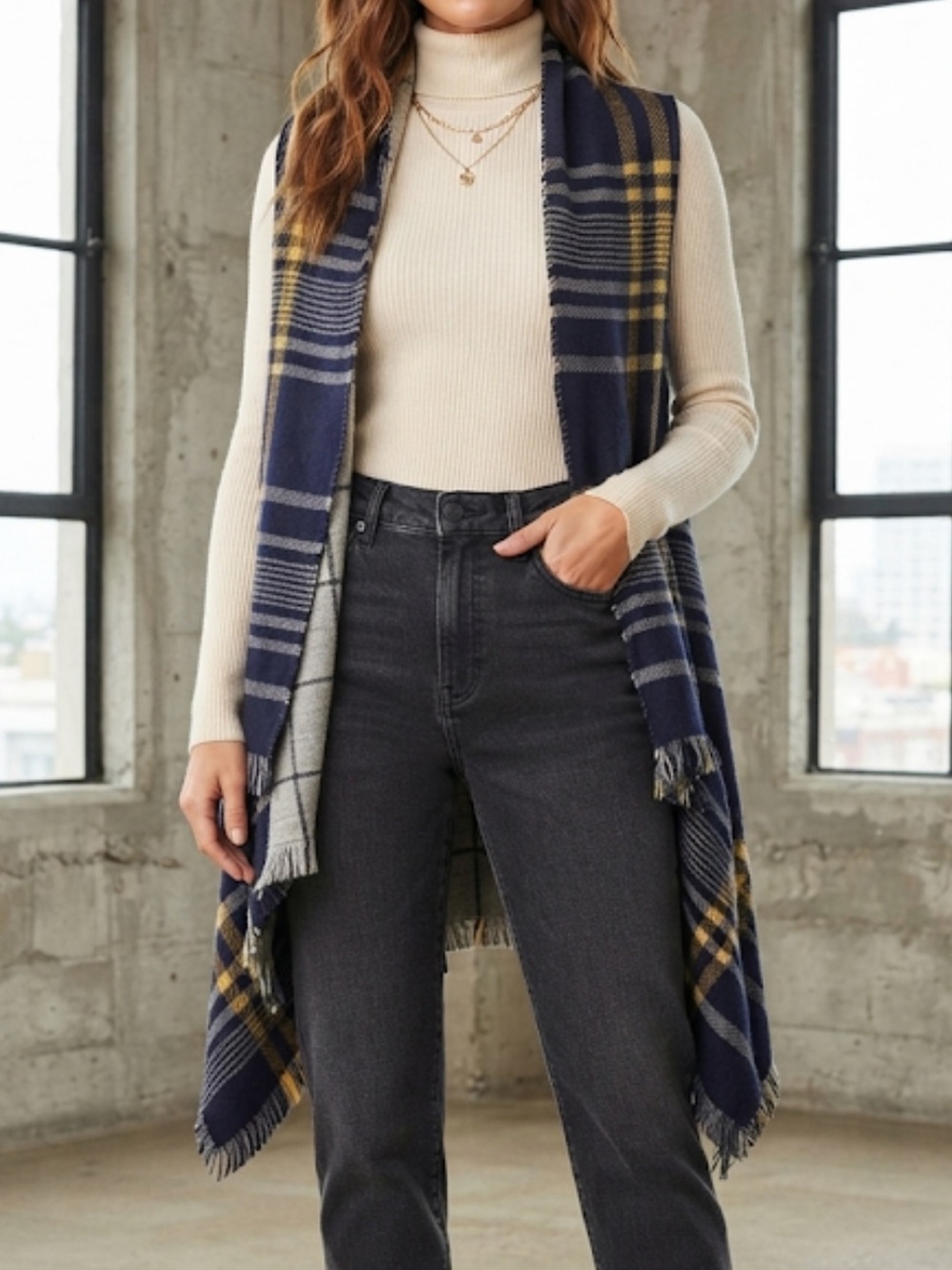 STEVE MADDEN Long Sweater Sleeveless Cardigan Plaid Fringe Reversible OS NWOT